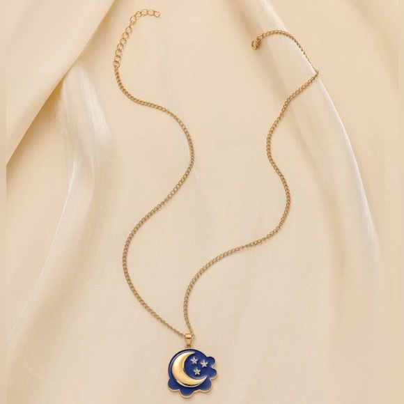 “Starry Skies” Night Sky Gold Crescent Half Moon Sparkly Stellar Cloud Necklace - Picture 4 of 5